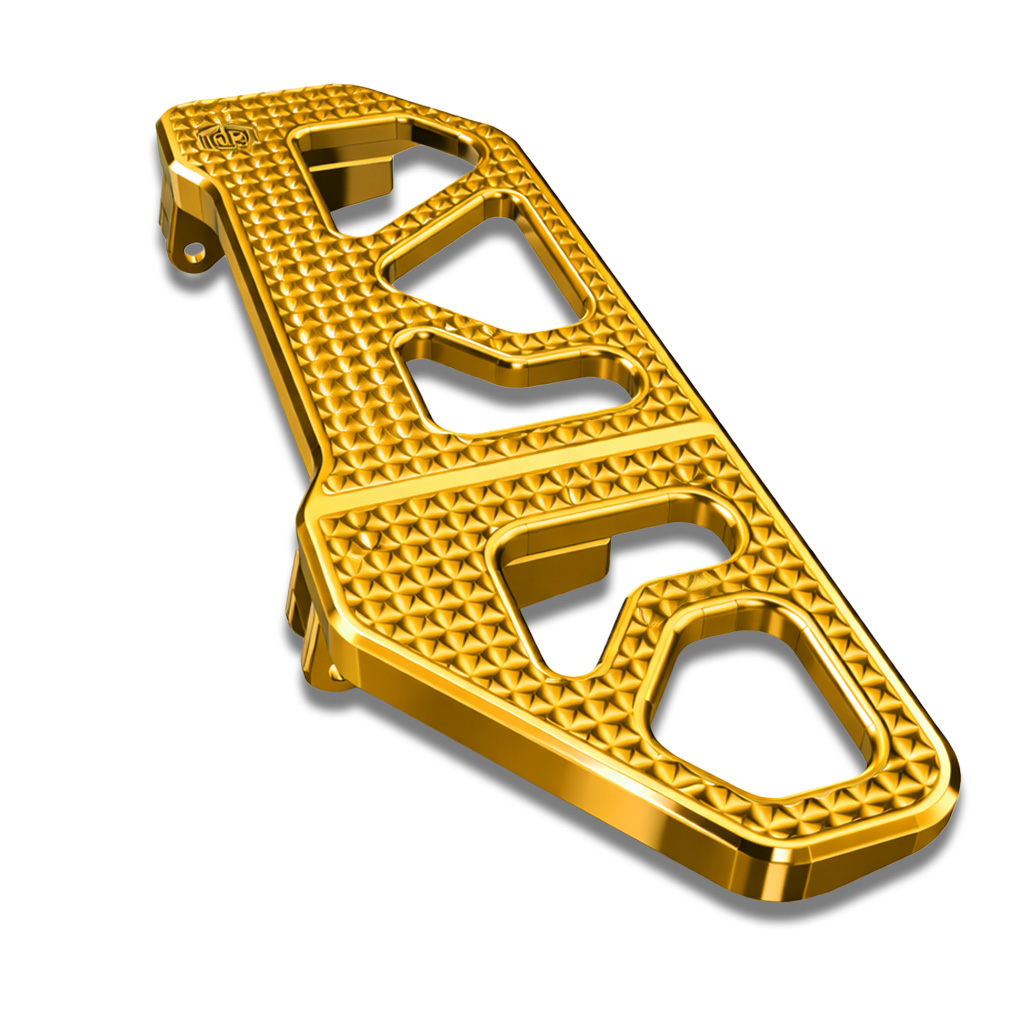 OFFRAMP STRIKE DECK™ Rider Footboards – CNC-Machined Gold Finish for Harley Touring & Softail Models - Image 4