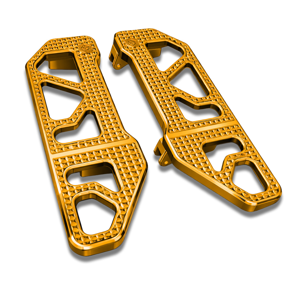 OFFRAMP STRIKE DECK™ Rider Footboards – CNC-Machined Gold Finish for Harley Touring & Softail Models - Image 2