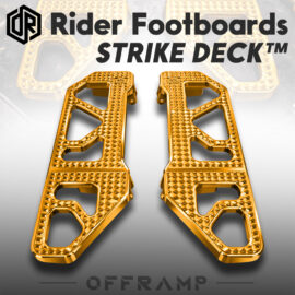 OFFRAMP STRIKE DECK™ Rider Footboards – CNC-Machined Gold Finish for Harley Touring & Softail Models